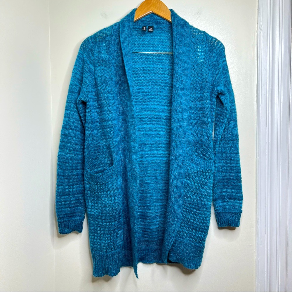 Relativity Long Open Front Cardigan Sweater Mohair Wool Blend Petite Small Blue